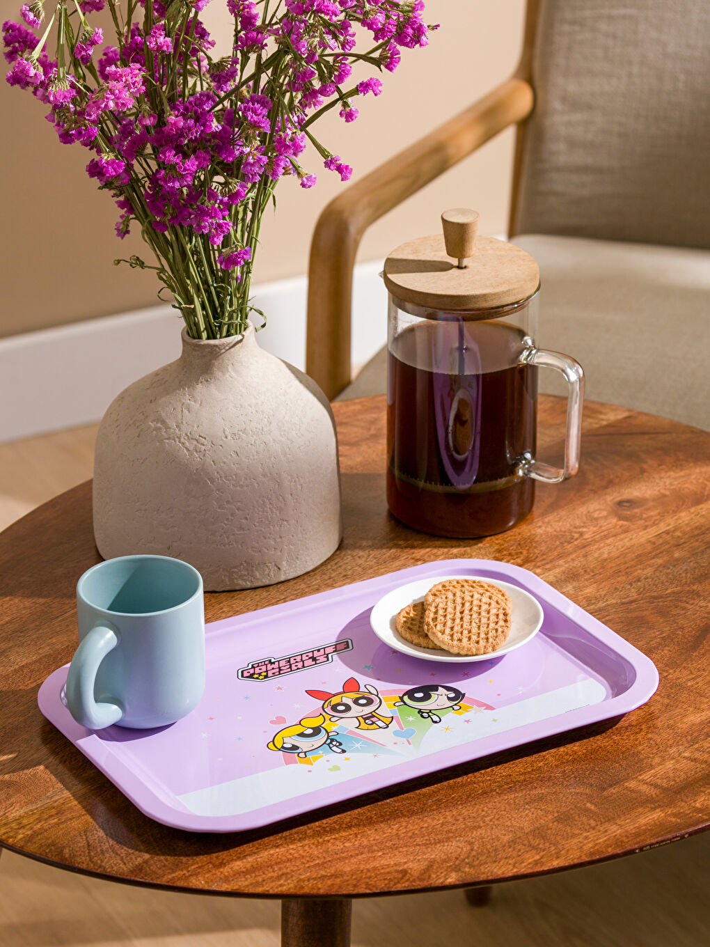 Lila Powerpuff Girls Baskılı Metal Tepsi 35 cm