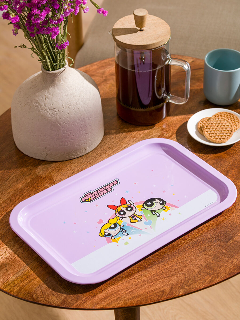 Lila Powerpuff Girls Baskılı Metal Tepsi 35 cm-1