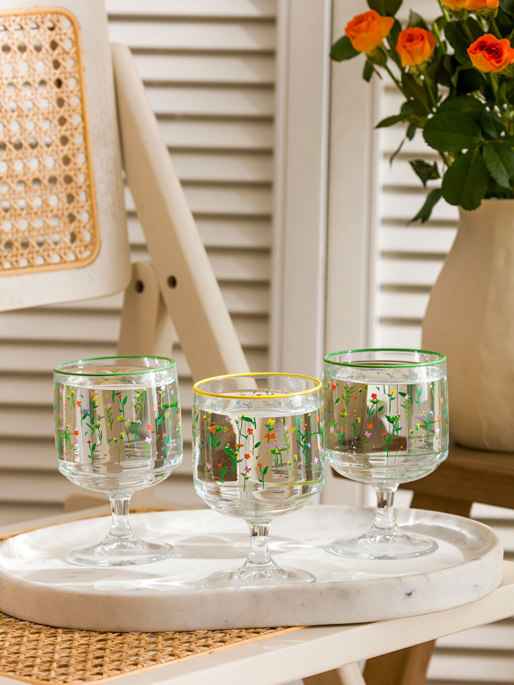Karışık Çiçek Baskılı Ayaklı Cam Bardak 3'lü 300 ml