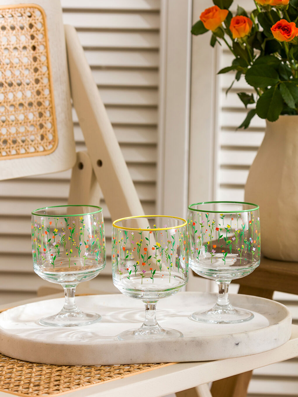 Karışık Çiçek Baskılı Ayaklı Cam Bardak 3'lü 300 ml-1
