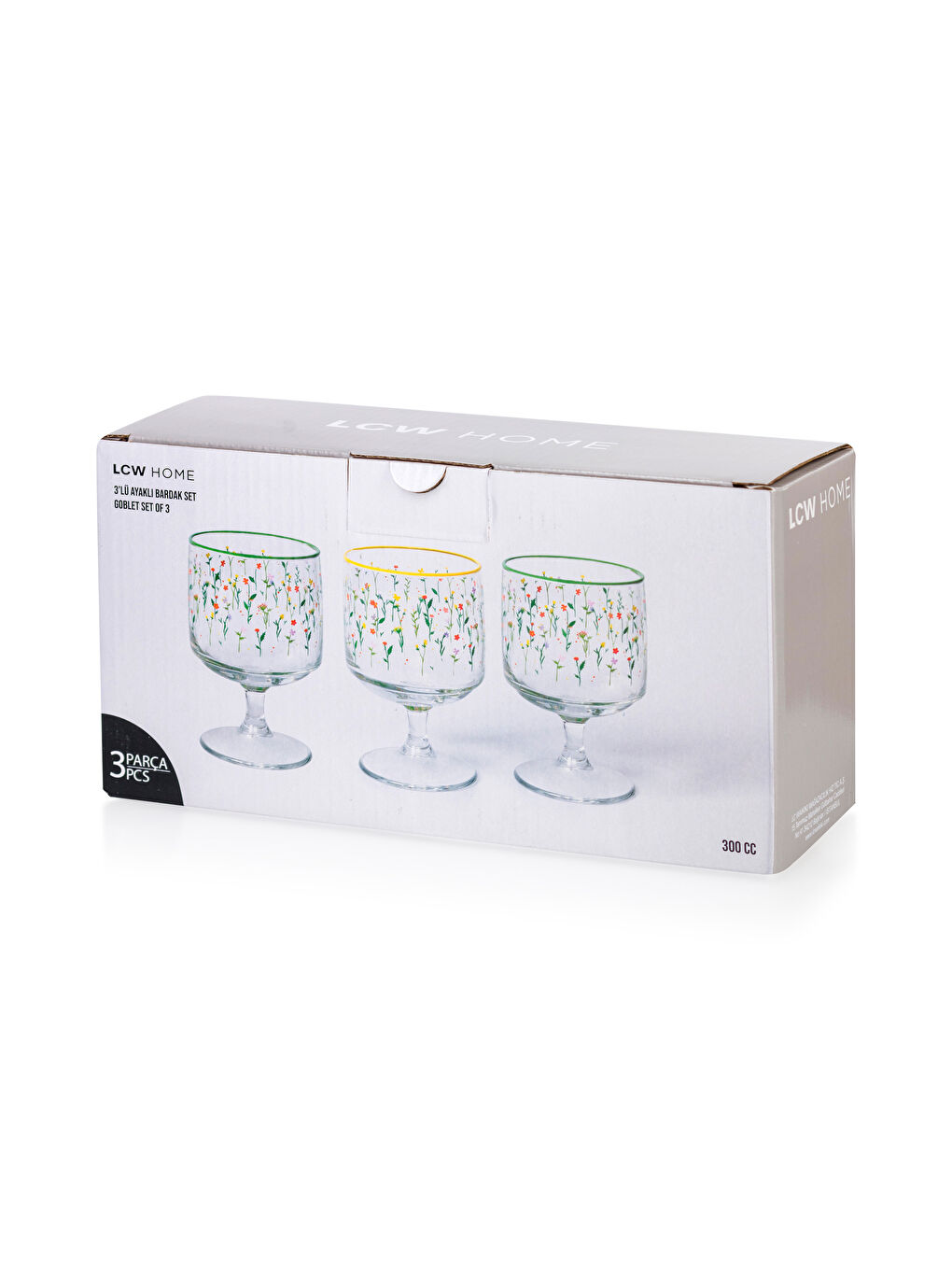 Karışık Çiçek Baskılı Ayaklı Cam Bardak 3'lü 300 ml-3