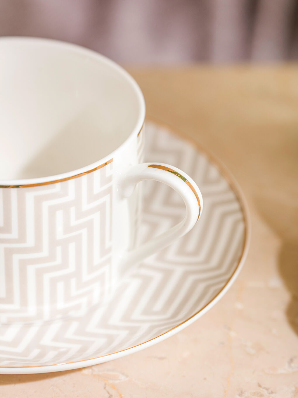 Bej Çizgi Desenli Porselen Çay Fincanı 220 ml-2