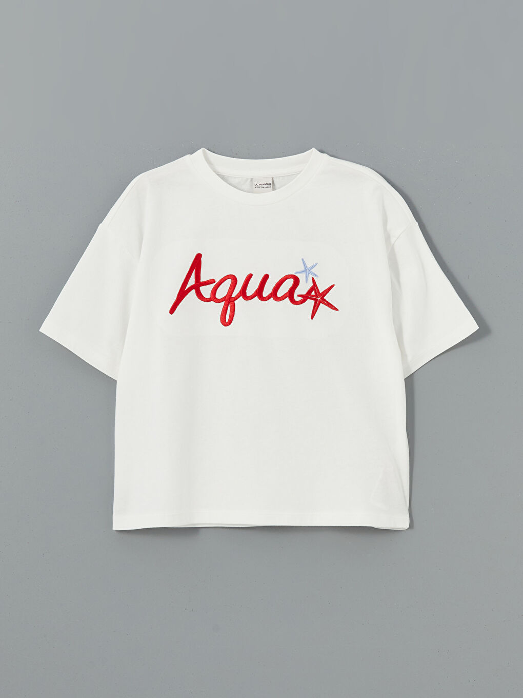 Ekru Bisiklet Yaka Nakışlı Kız Çocuk Tişört