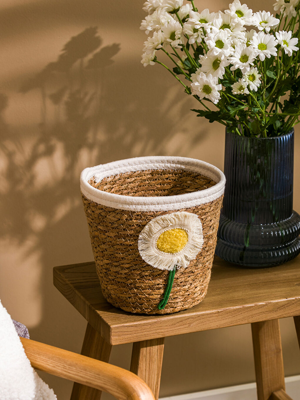 Floral Embroidered Decorative Wicker Basket 18 cm -S5DS87Z8-M0T