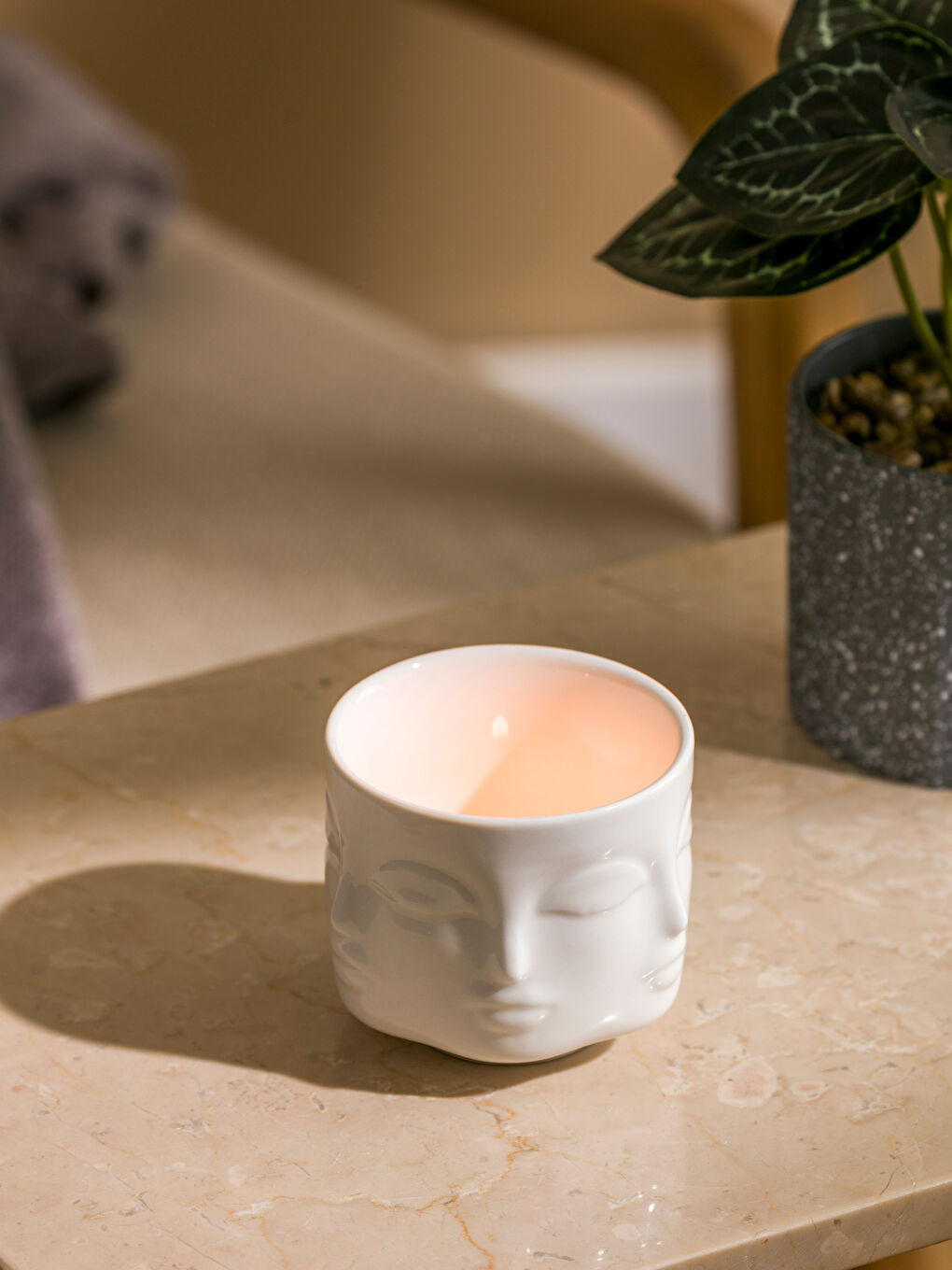 LCW HOME Ekru Yüz Baskılı Porselen Mumluk 7 cm