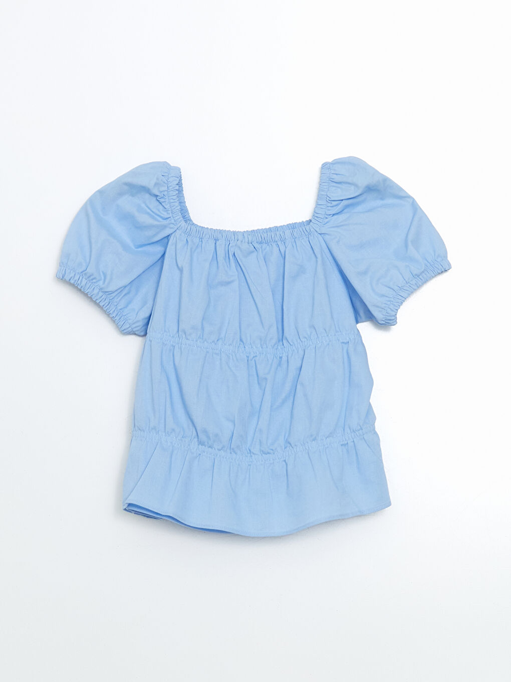 Mavi Kare Yaka Keten Karışımlı Kız Çocuk Bluz-1