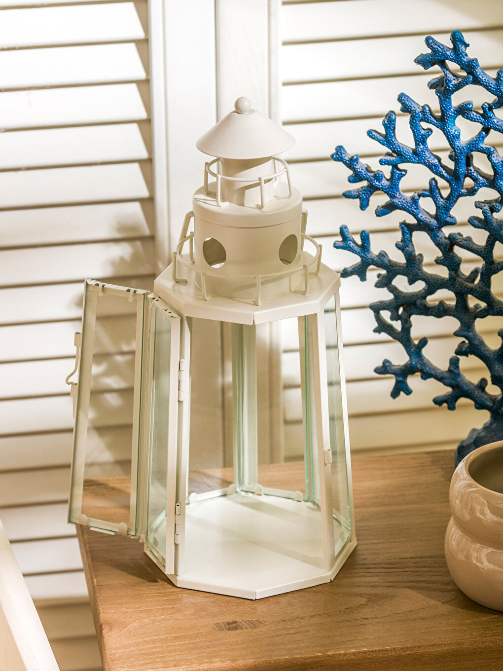 Beyaz Dekoratif Metal Deniz Feneri Mumluk 33 cm-2