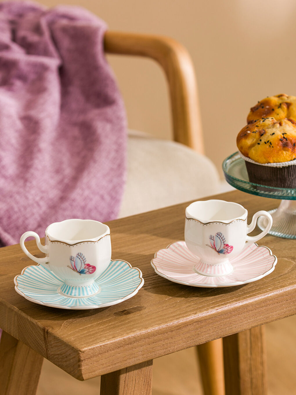 Karışık Kelebek Baskılı 2 Kişilik Porselen Kahve Fincan Takımı 80 Ml