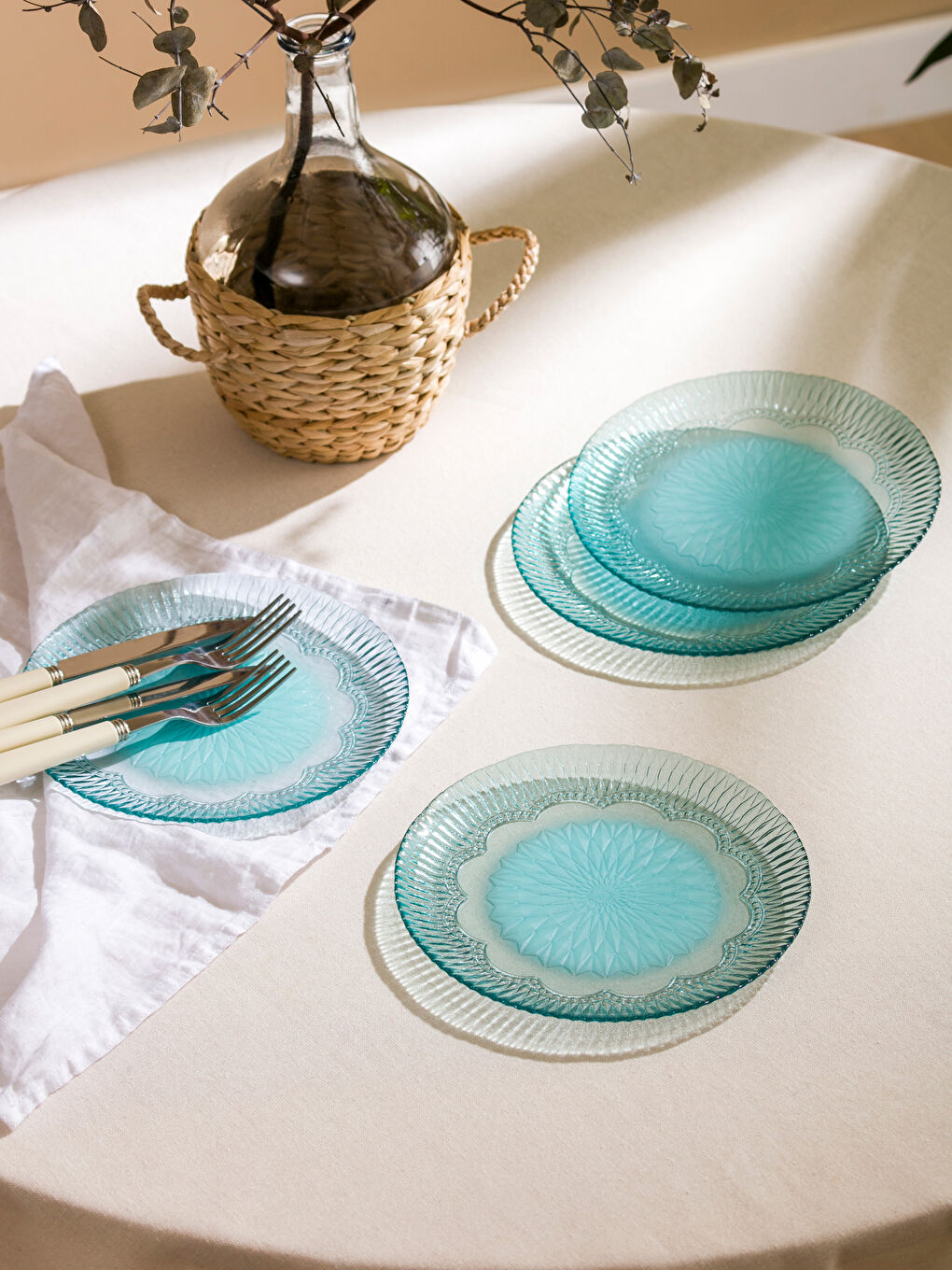 Turkuaz Desenli Cam Tabak Seti 4'lü 21 cm-1