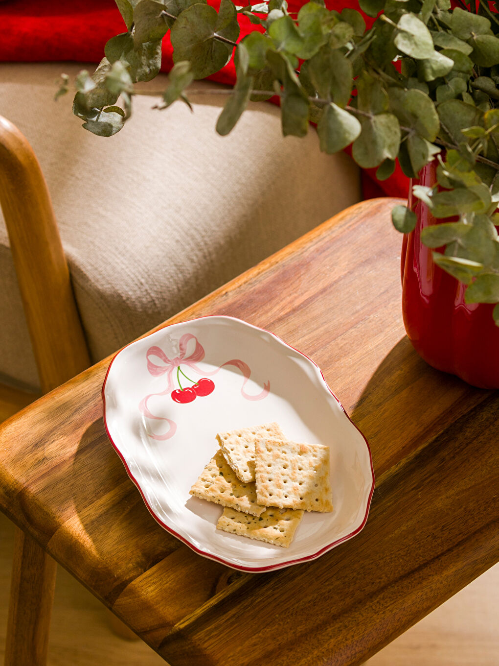 Farfurie Tip Barcă din Ceramică Imprimată cu Cireșe 22 cm