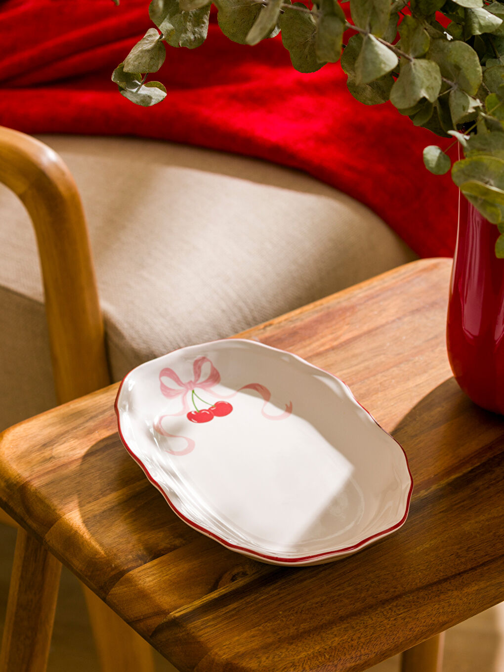 Farfurie Tip Barcă din Ceramică Imprimată cu Cireșe 22 cm-1