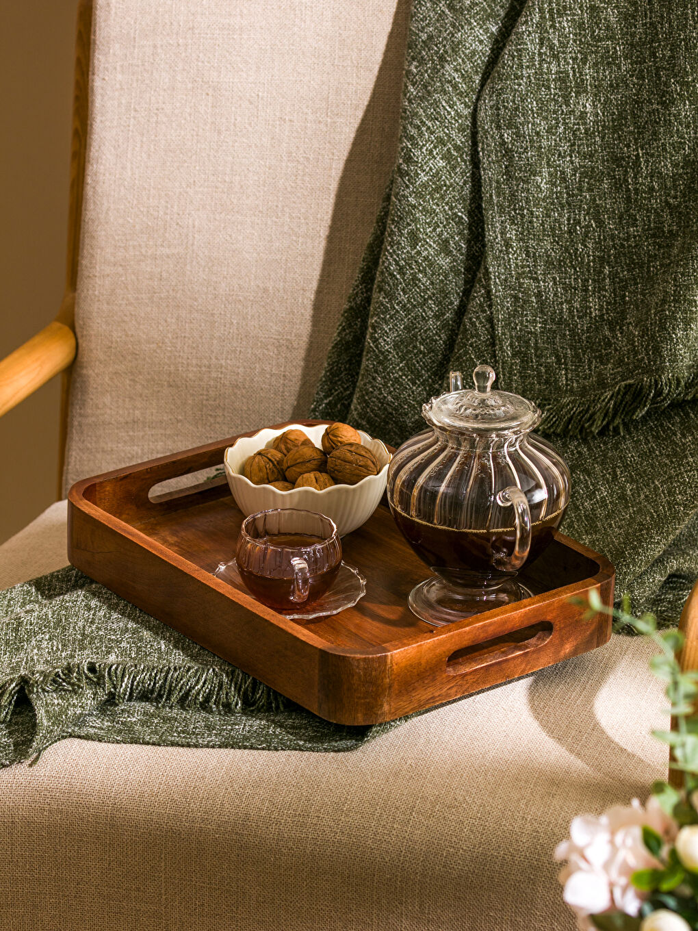 Kahverengi Dekoratif Ahşap Tepsi 35 cm