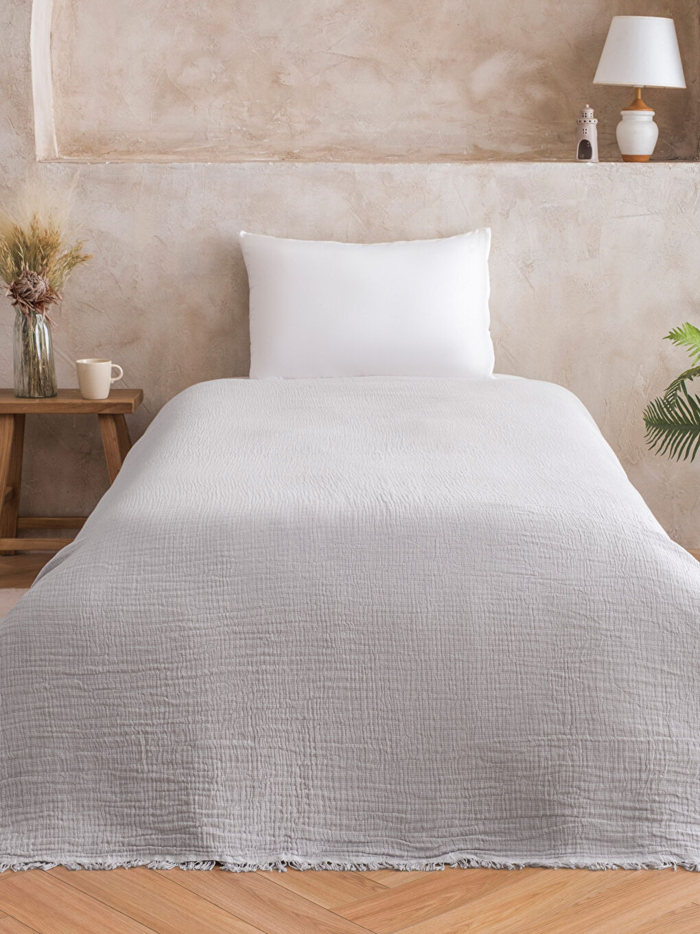 Gri Tek Kişilik Pamuklu Yatak Örtüsü