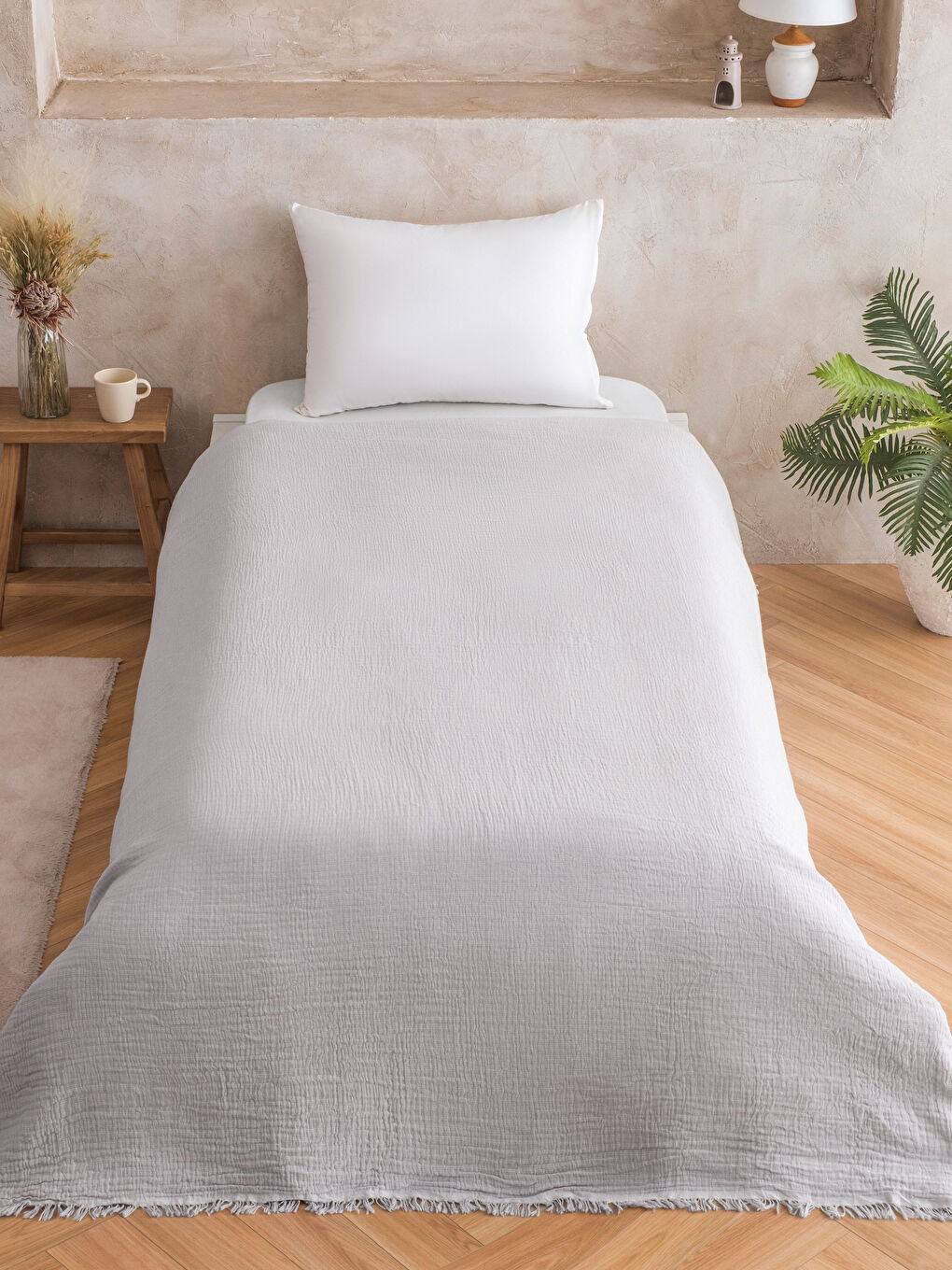 Gri Tek Kişilik Pamuklu Yatak Örtüsü-1