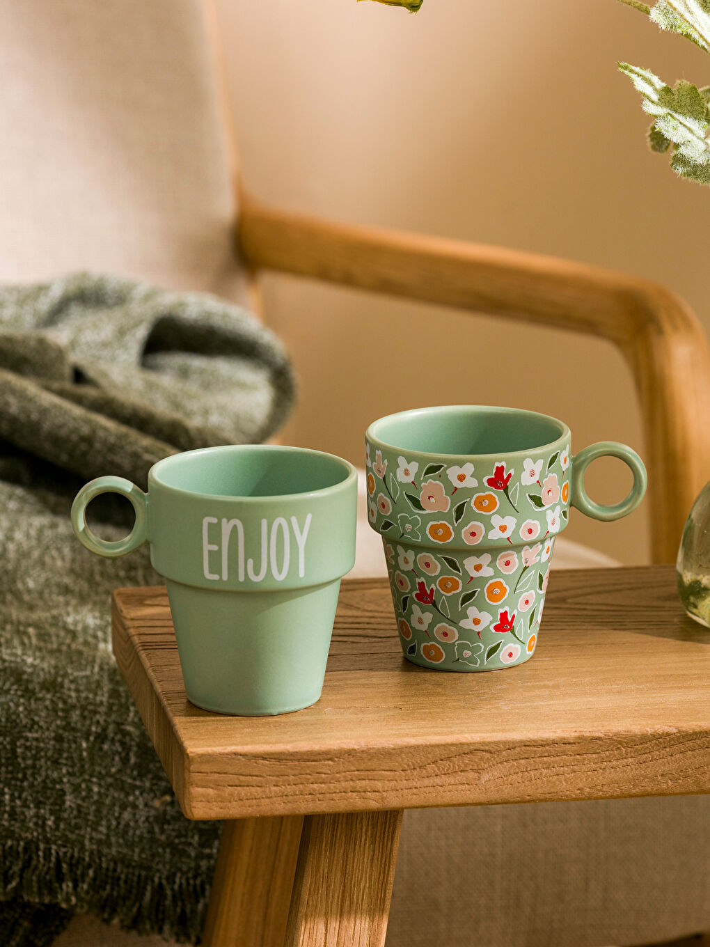Yeşil Çiçek Desenli Seramik Kupa Seti 2'li 280 ml