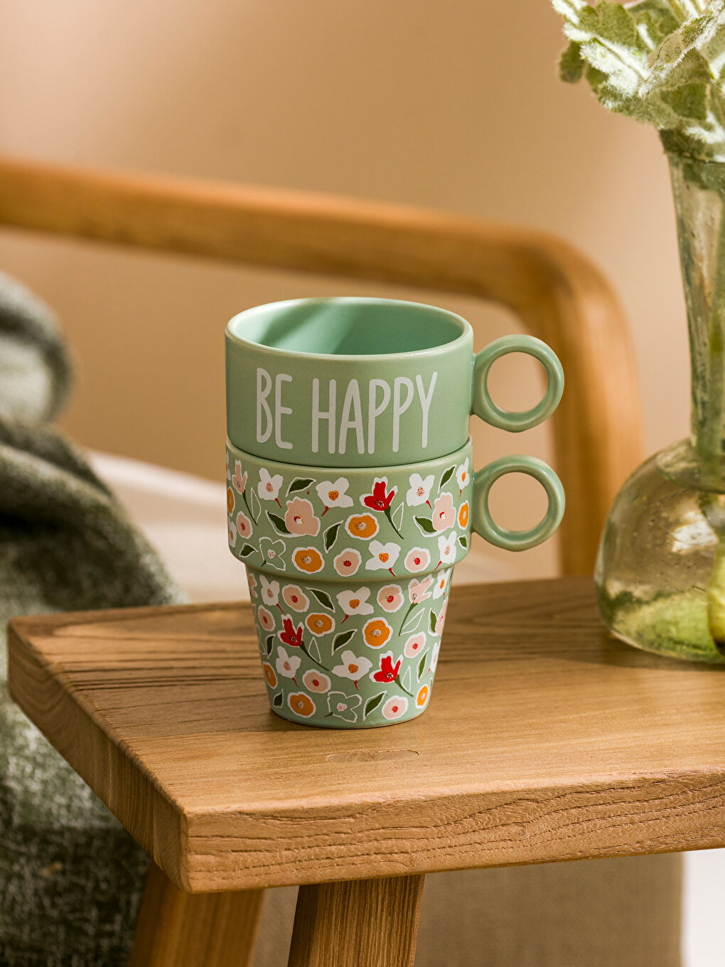 Yeşil Çiçek Desenli Seramik Kupa Seti 2'li 280 ml-1