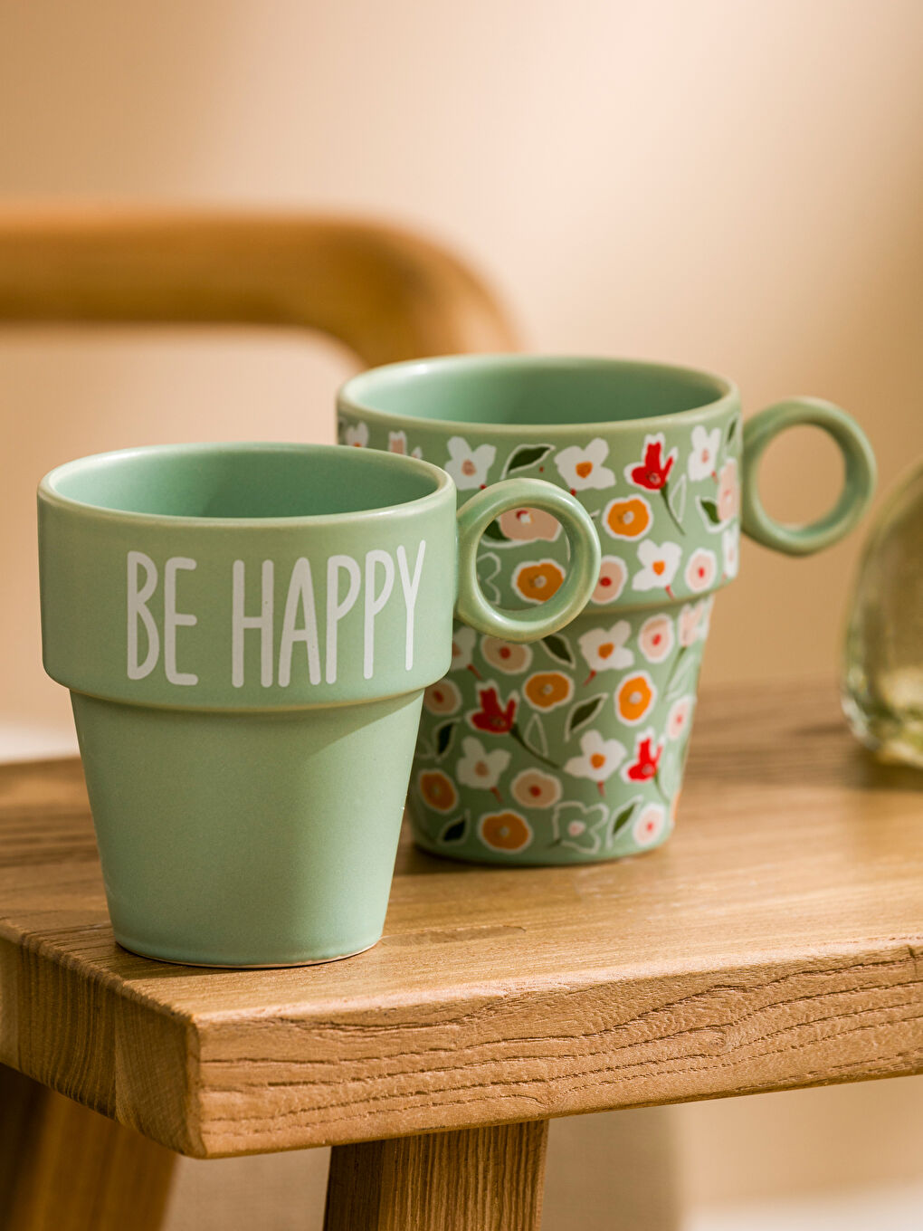 Yeşil Çiçek Desenli Seramik Kupa Seti 2'li 280 ml-2