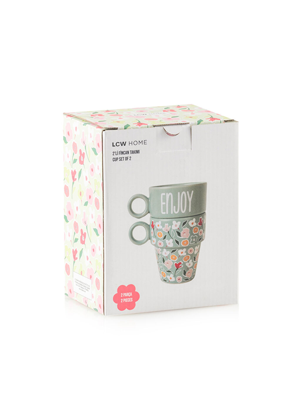 Yeşil Çiçek Desenli Seramik Kupa Seti 2'li 280 ml-3