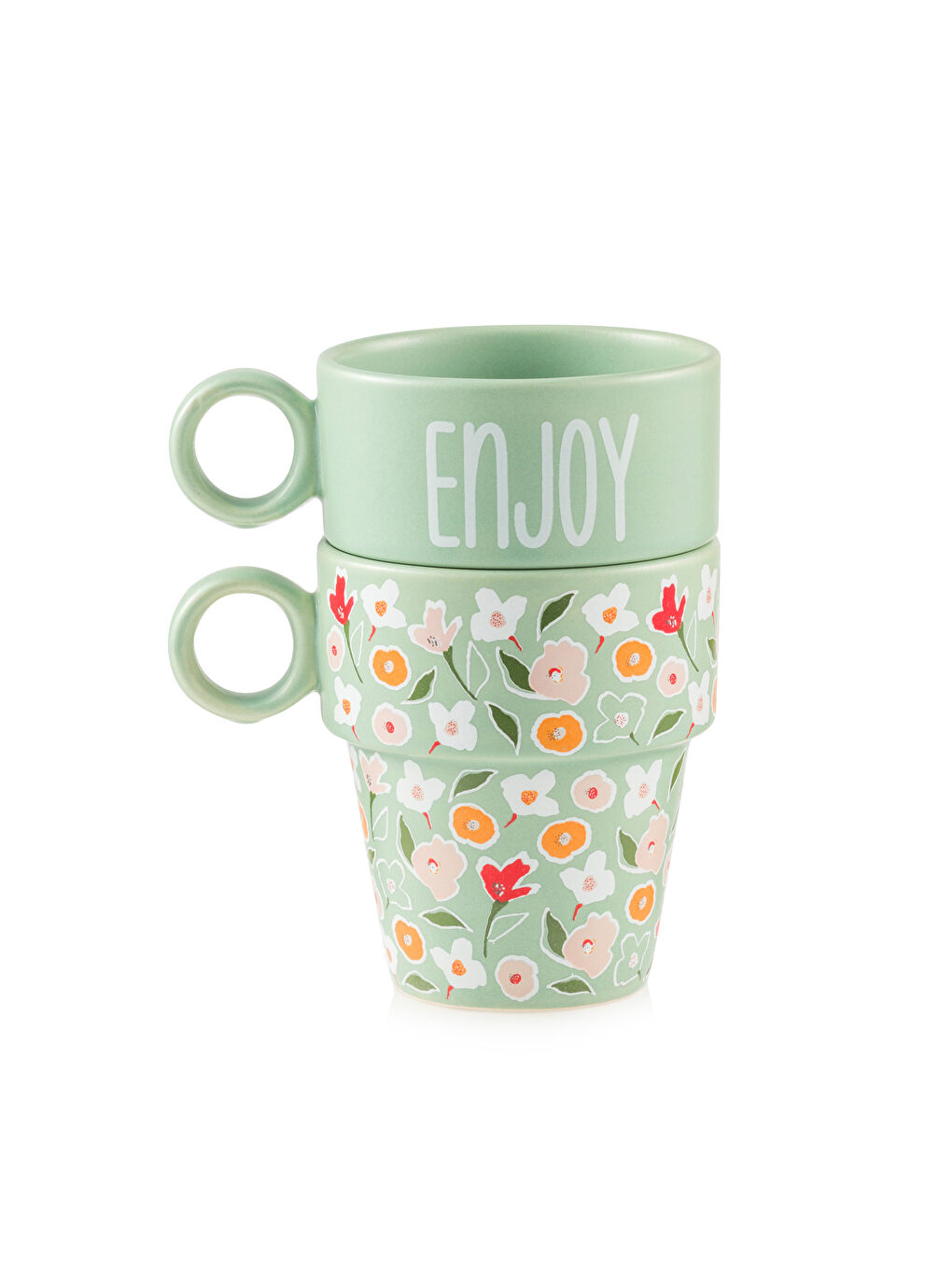 Yeşil Çiçek Desenli Seramik Kupa Seti 2'li 280 ml-4