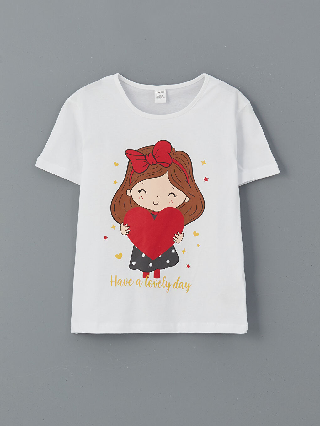 Beyaz Bisiklet Yaka Baskılı Kız Çocuk Tişört