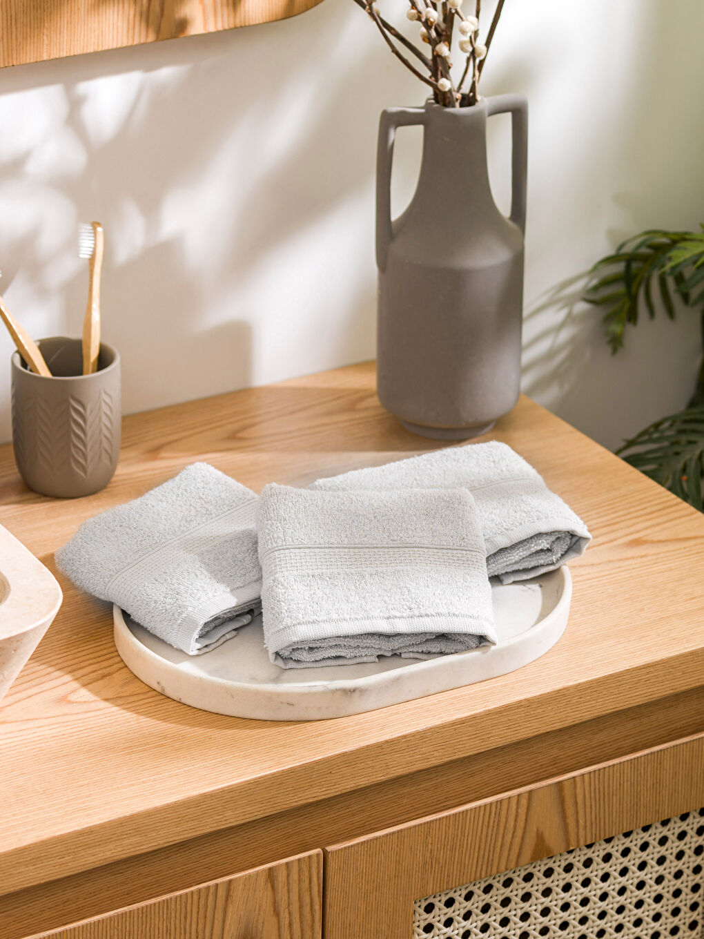 LCW ECO Gri Nakışlı Pamuklu El Havlusu Seti 3'lü 30x50 cm - 1