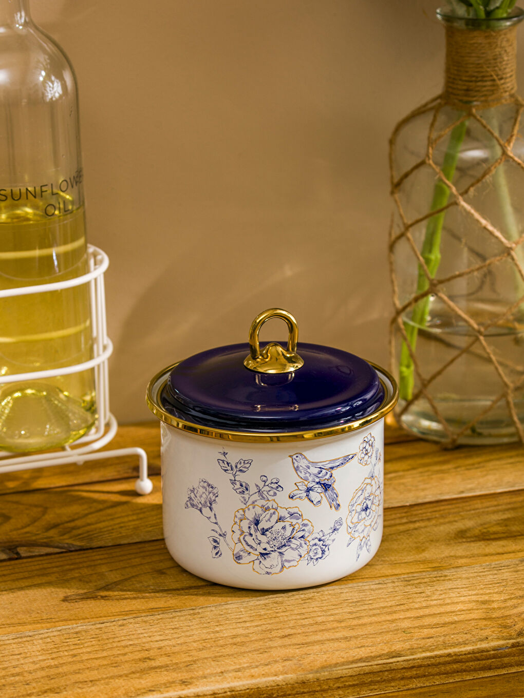 Mavi Çiçek Baskılı Emaye Kavanoz 13 cm