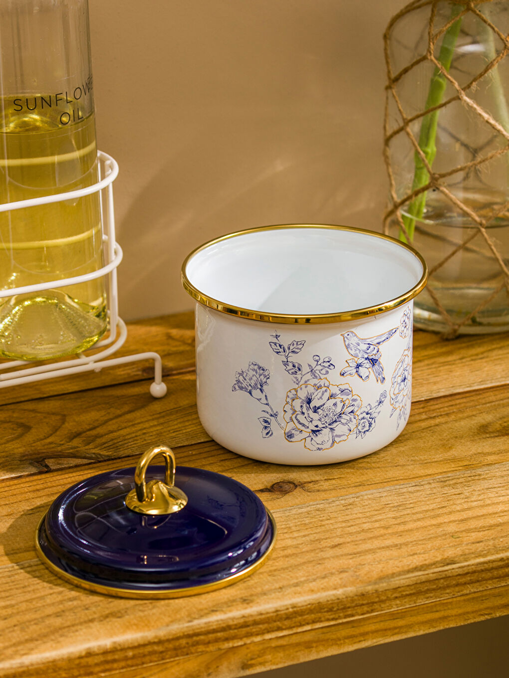 Mavi Çiçek Baskılı Emaye Kavanoz 13 cm-1