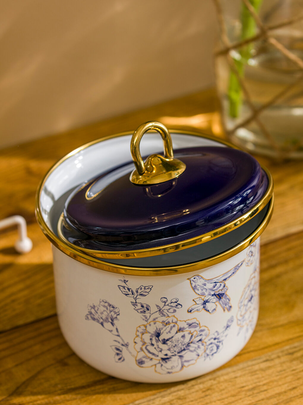 Mavi Çiçek Baskılı Emaye Kavanoz 13 cm-2