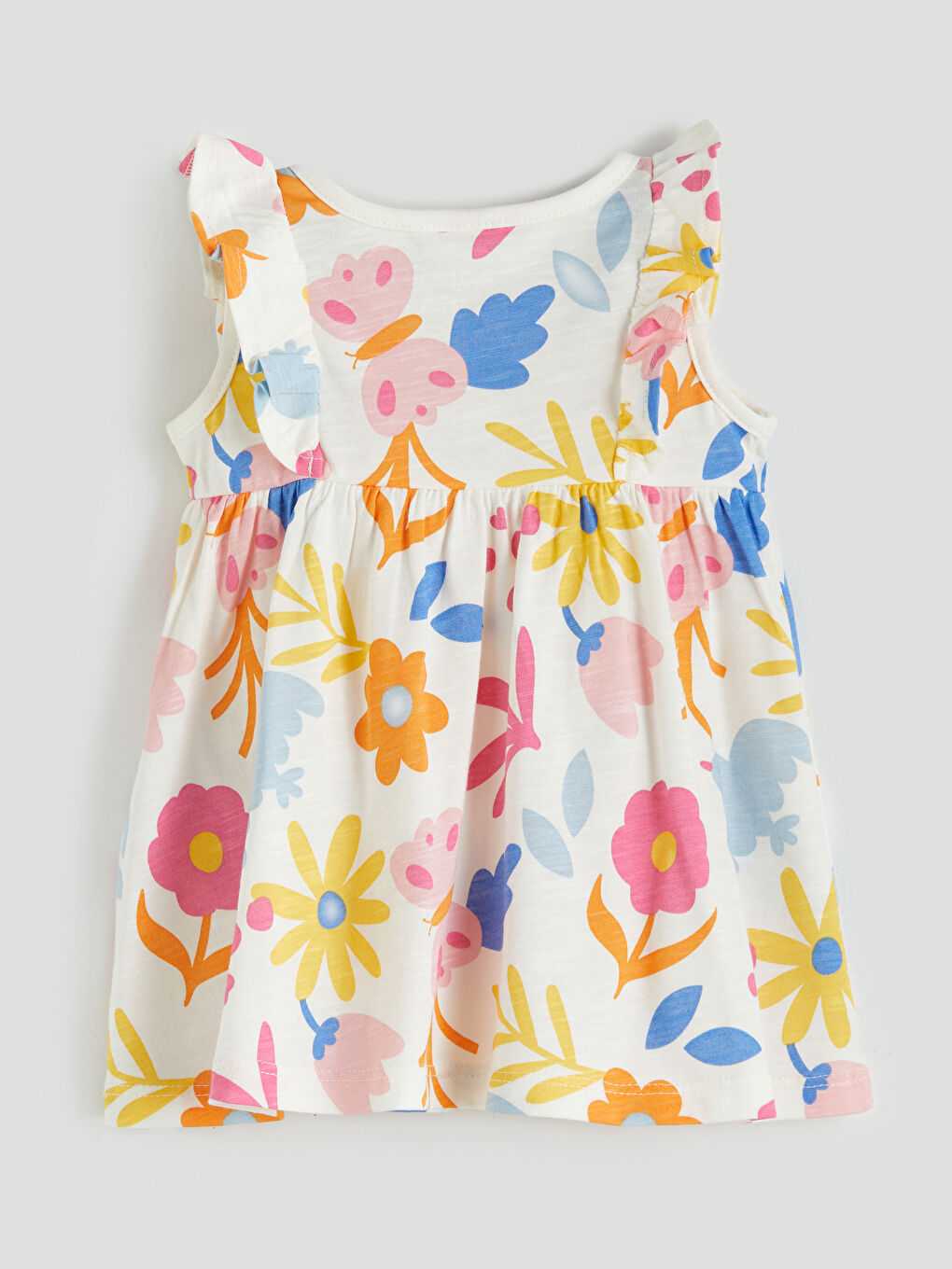 Ekru Bisiklet Yaka Çiçekli Kız Bebek Elbise-1