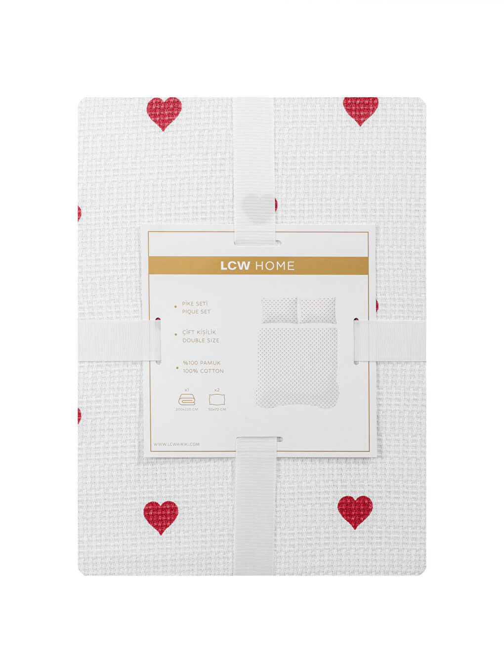 Kırmızı Kalp Desenli Çift Kişilik Pike Seti-5