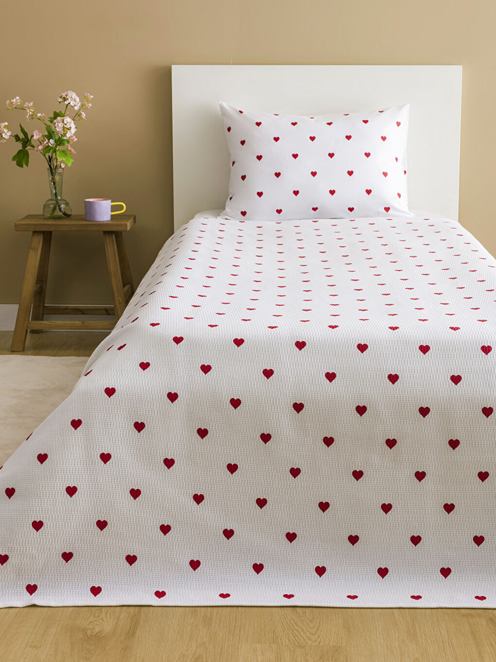 LCW HOME Kirmizi Kalp Desenli Tek Kişilik Pike Seti