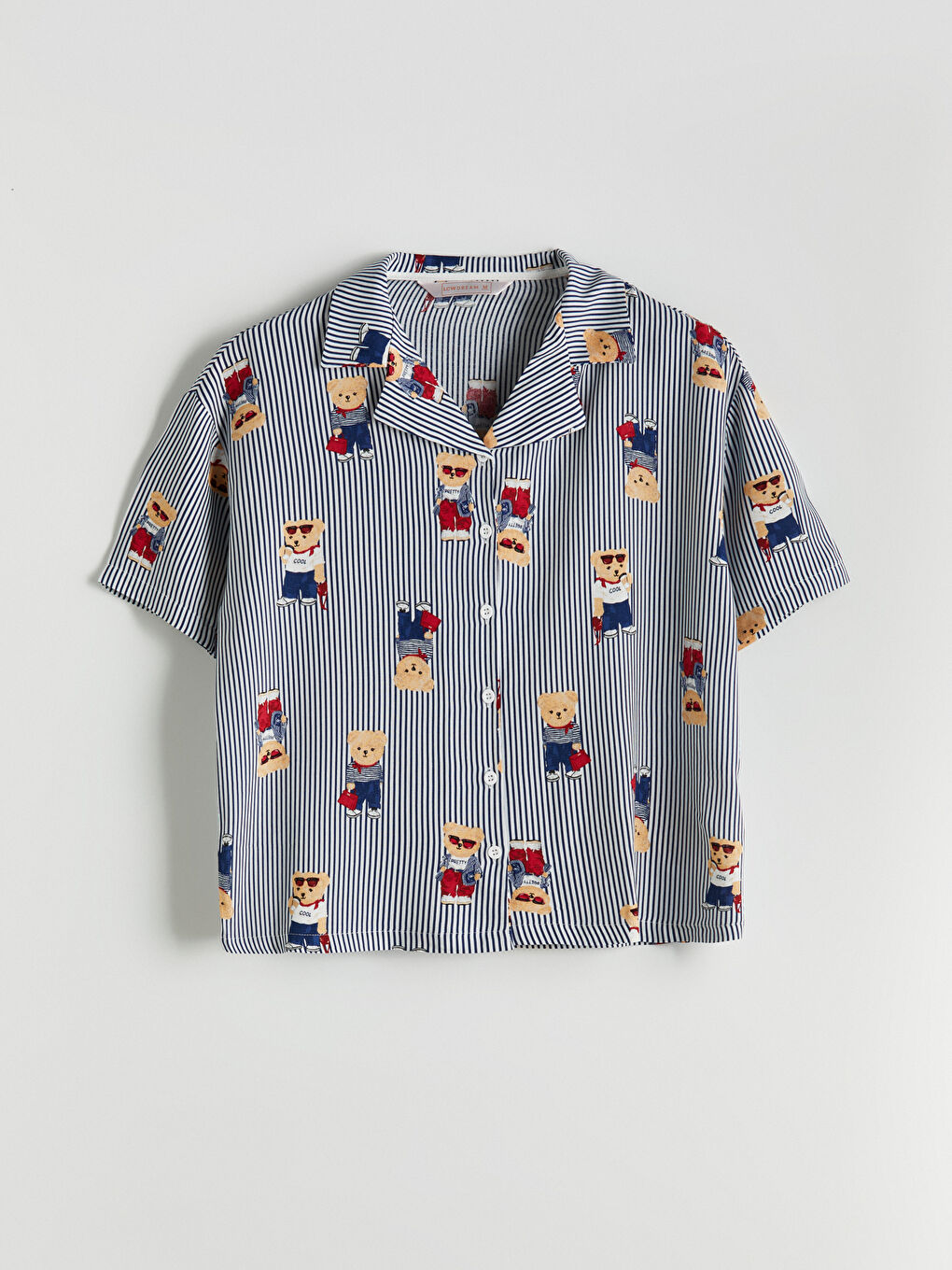 Lacivert Gömlek Yaka Ayı Teddy Baskılı Kadın Pijama Üstü