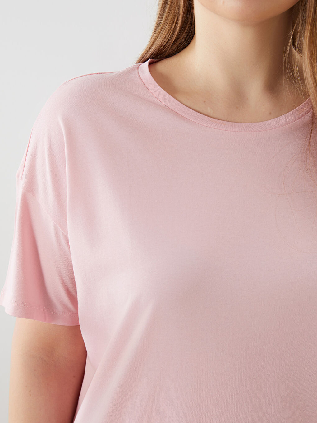 Pembe Bisiklet Yaka Kadın Büyük Beden Pijama Üstü-2