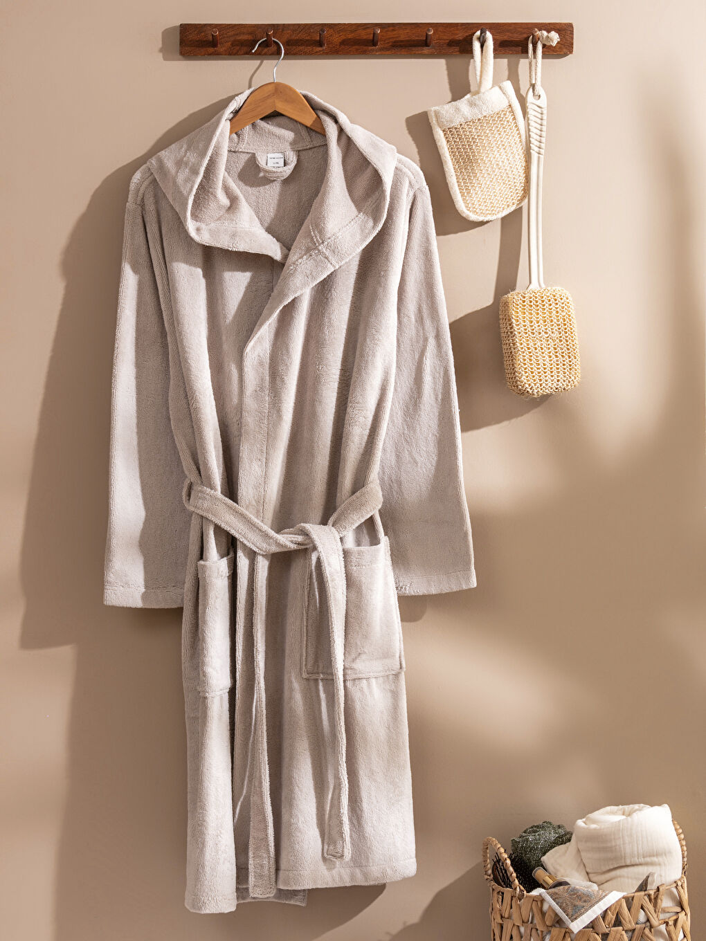 Gri Basic Pamuklu Kapüşonlu Bornoz