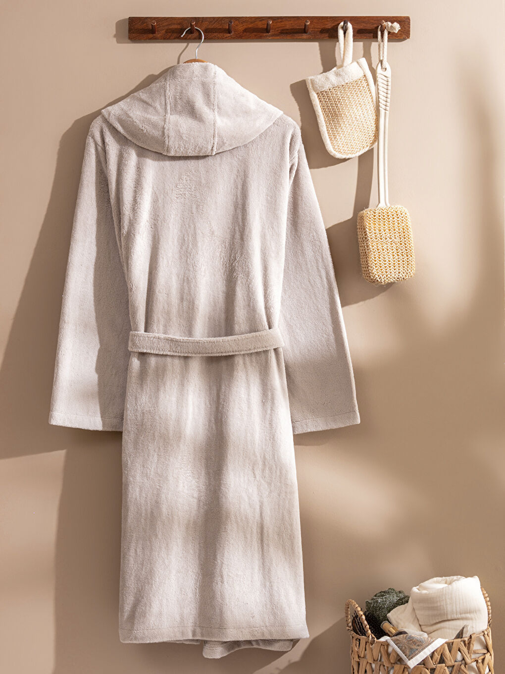 Gri Basic Pamuklu Kapüşonlu Bornoz-1