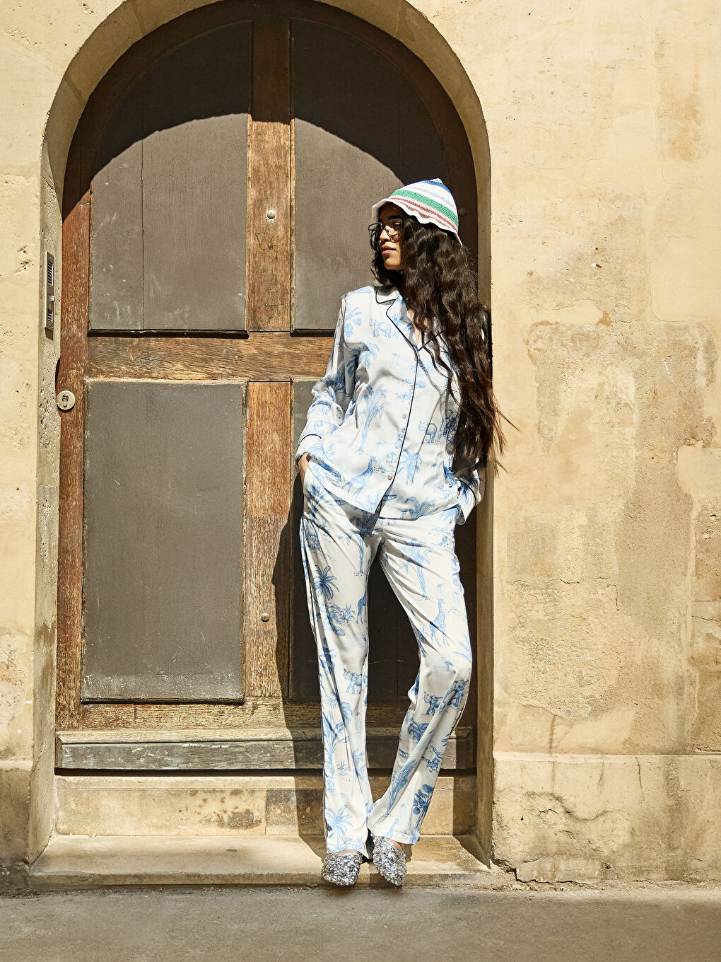 Shirt Collar Patterned Women's Pyjama Set -S5PG14Z8-SWC