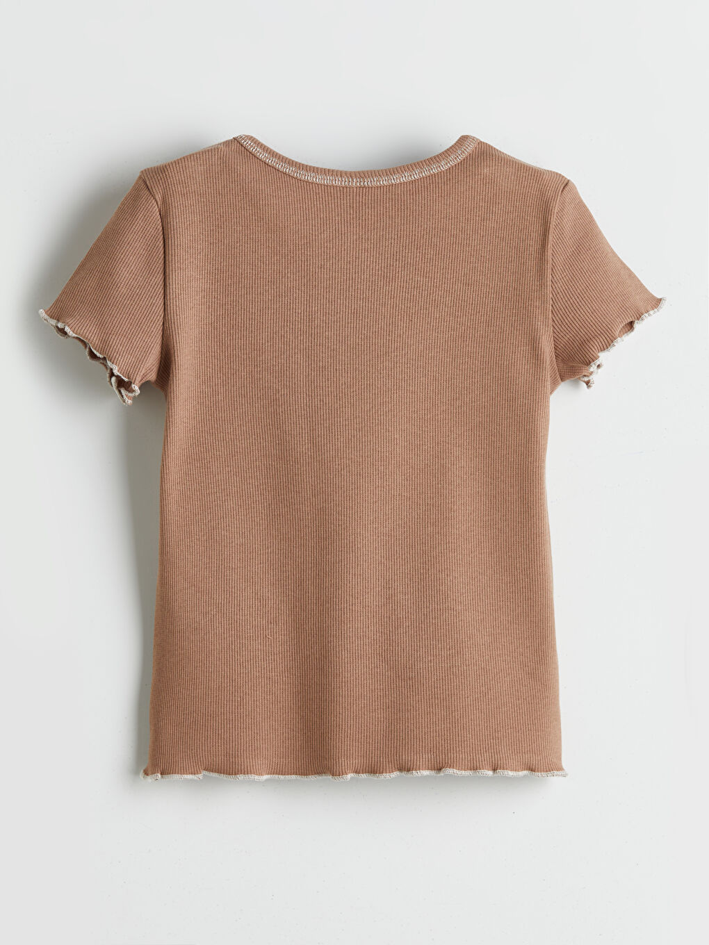 Kahverengi Kurdele Detaylı Kız Çocuk Tişört-1