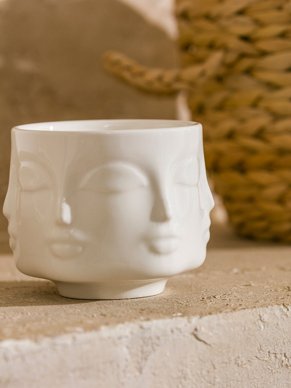 Ekru Yüz Baskılı Seramik Mumluk 8 cm-2