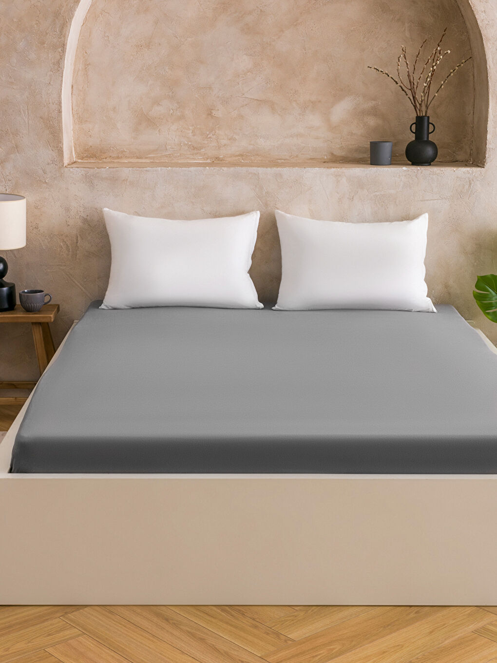 Gri Pamuklu Çift Kişilik Lastikli Çarşaf