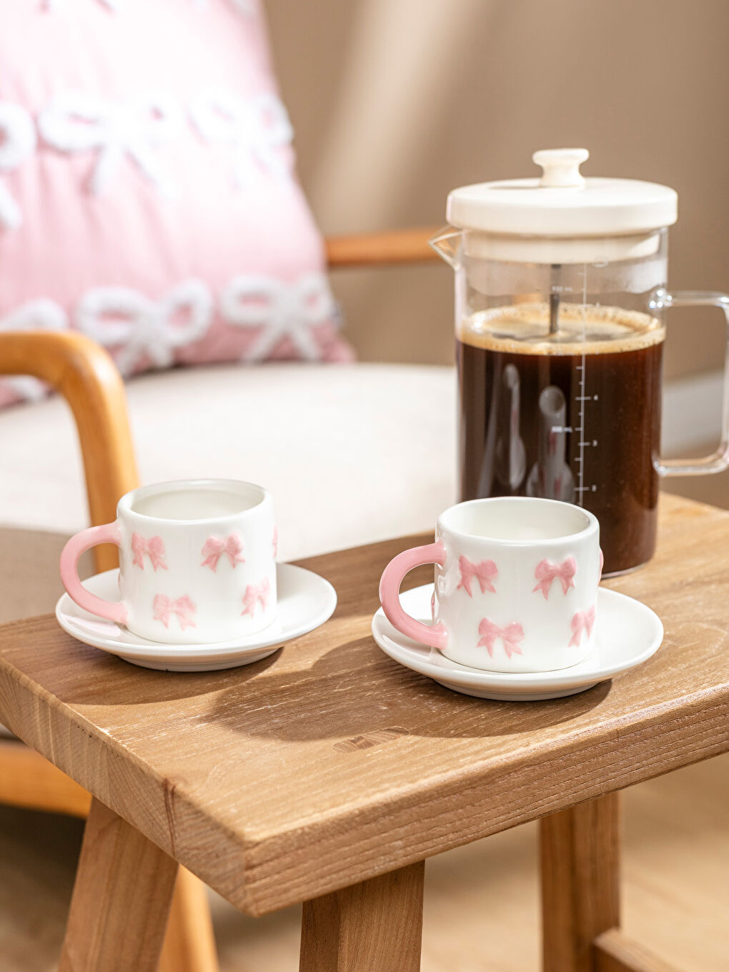 Pembe Fiyonk BaskıIı 2 Kişilik Seramik Kahve Fincan Takımı 100 ml