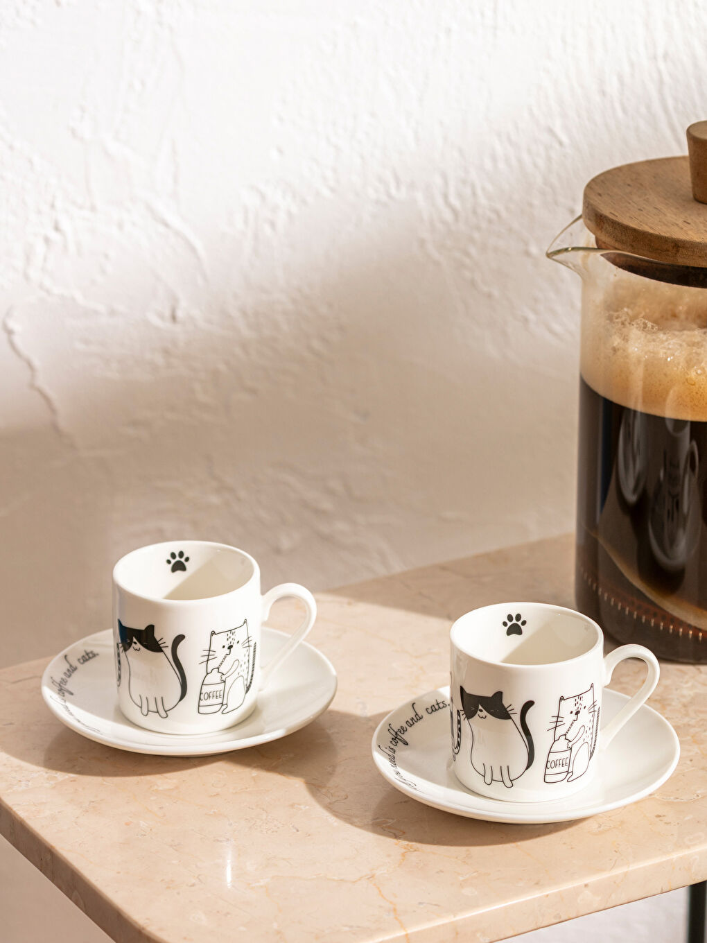Siyah Kedi Baskılı 2 Kişilik Porselen Kahve Fincan Takımı