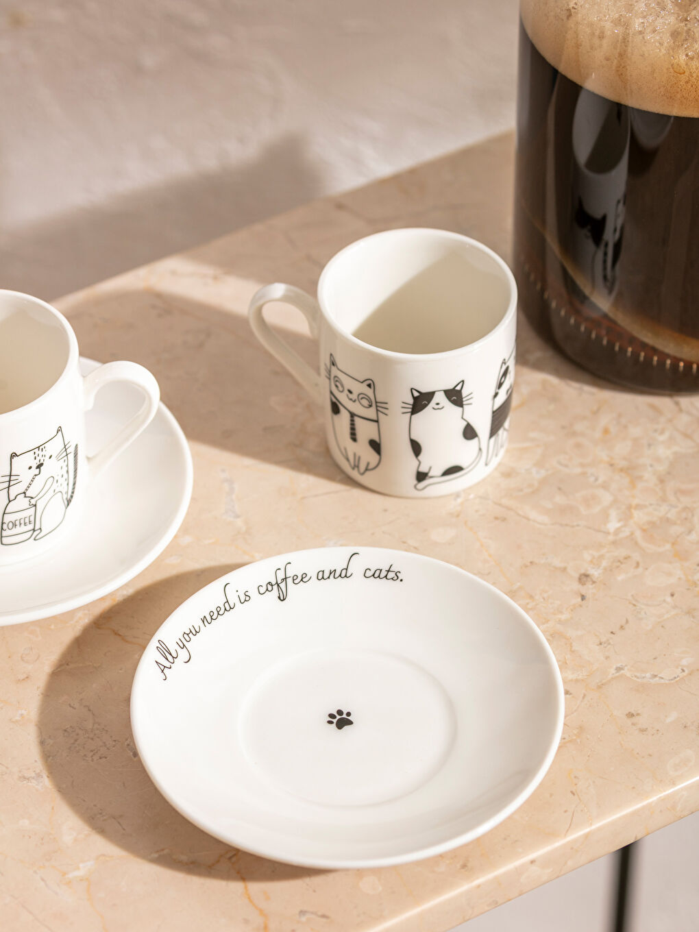 Siyah Kedi Baskılı 2 Kişilik Porselen Kahve Fincan Takımı-1