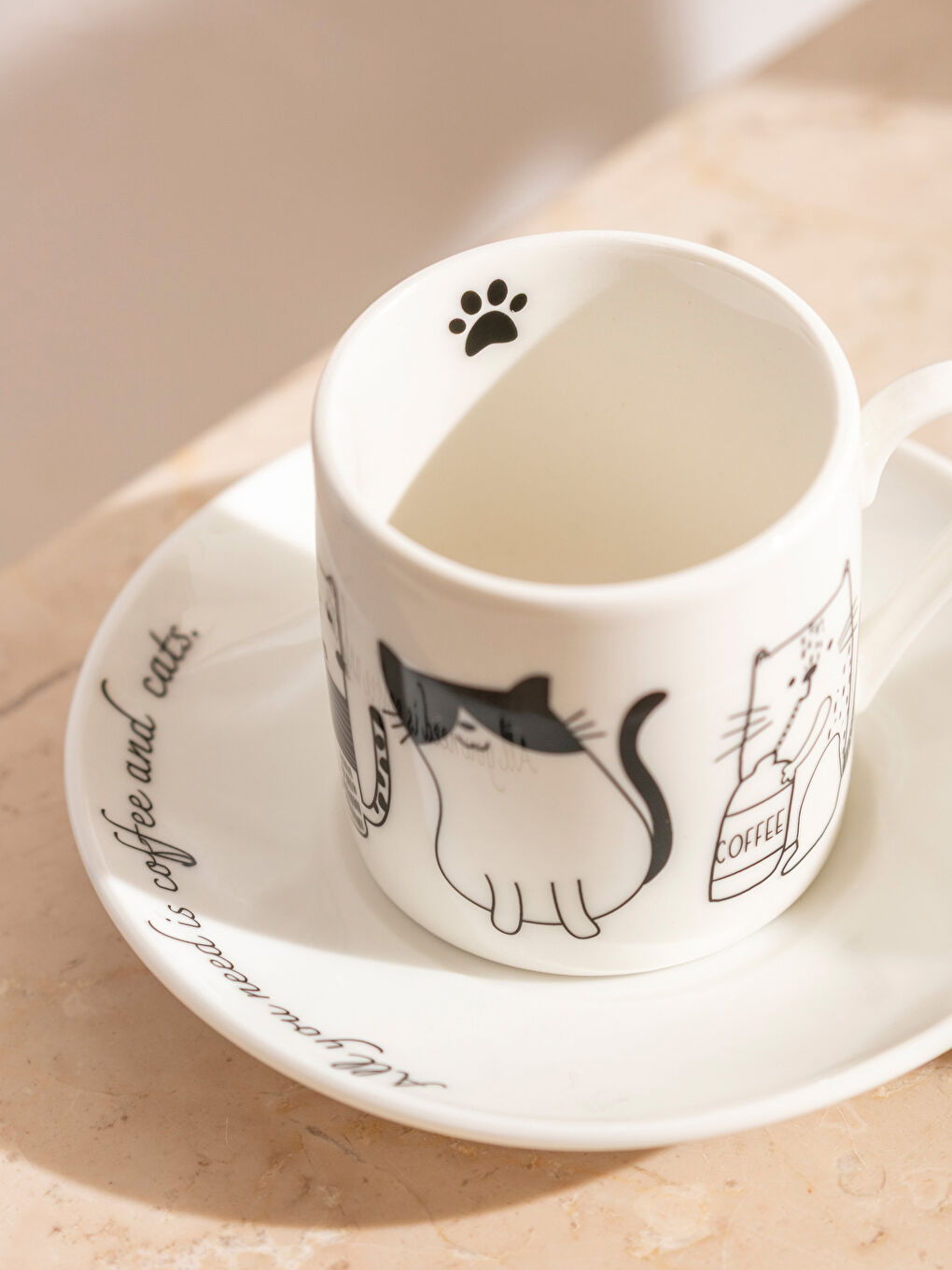 Siyah Kedi Baskılı 2 Kişilik Porselen Kahve Fincan Takımı-2