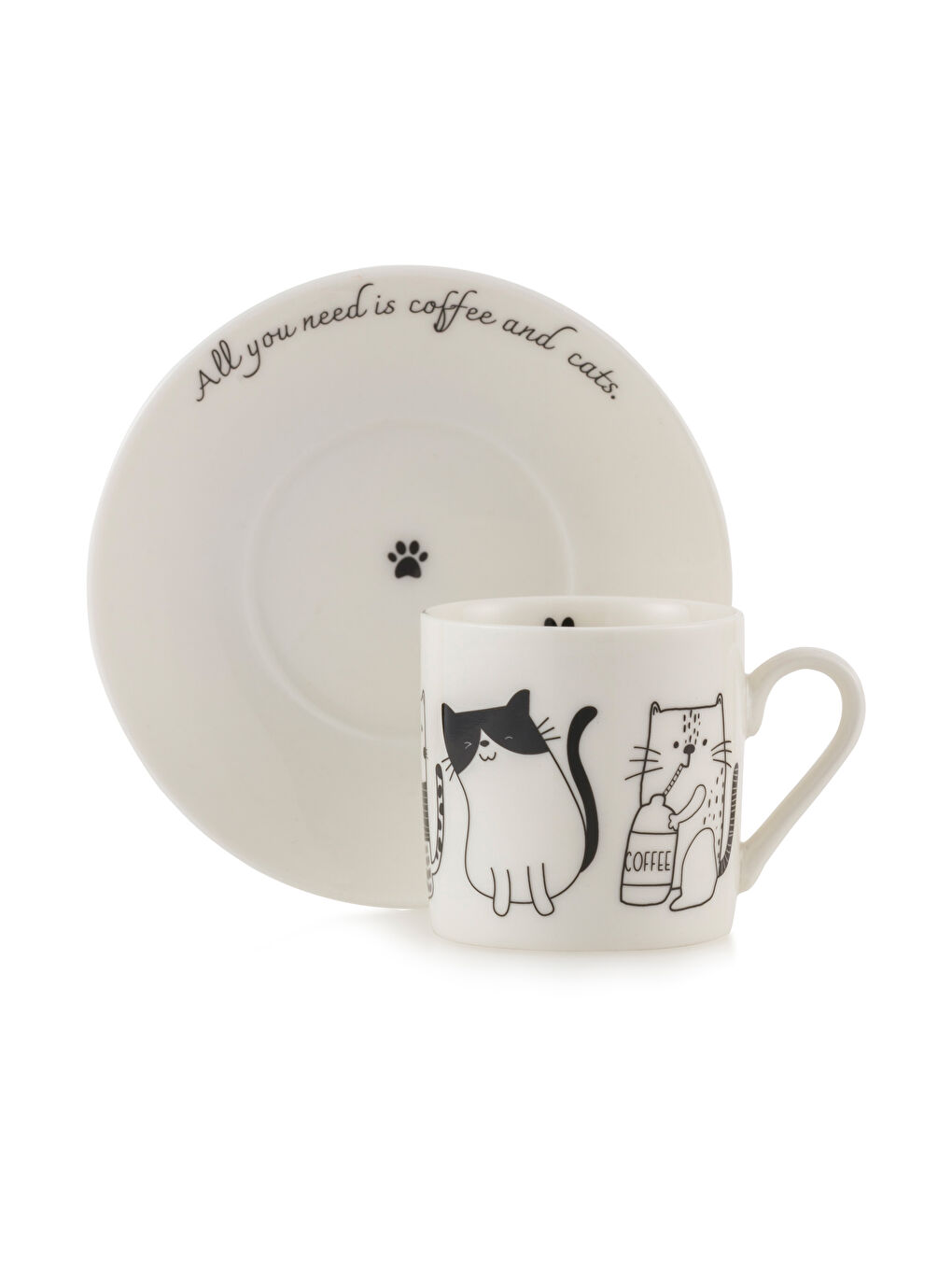 Siyah Kedi Baskılı 2 Kişilik Porselen Kahve Fincan Takımı-4