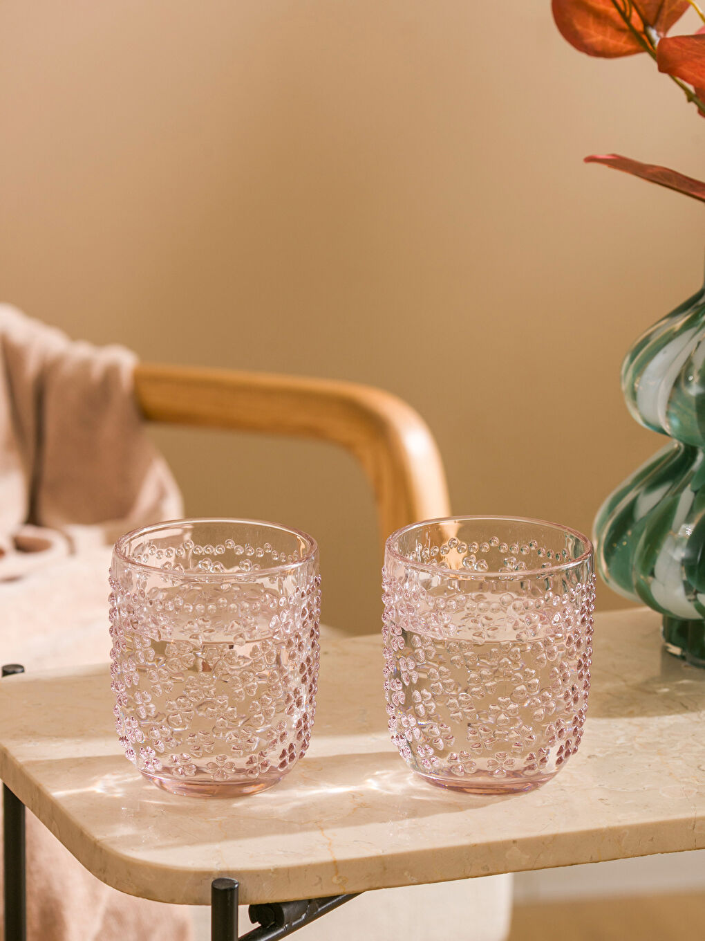 Pembe Desenli Cam Su Bardağı 2'li 290 ml