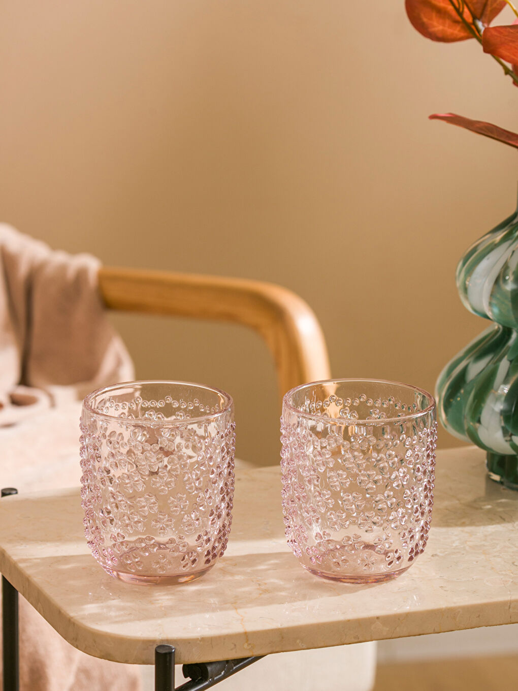 Pembe Desenli Cam Su Bardağı 2'li 290 ml-1