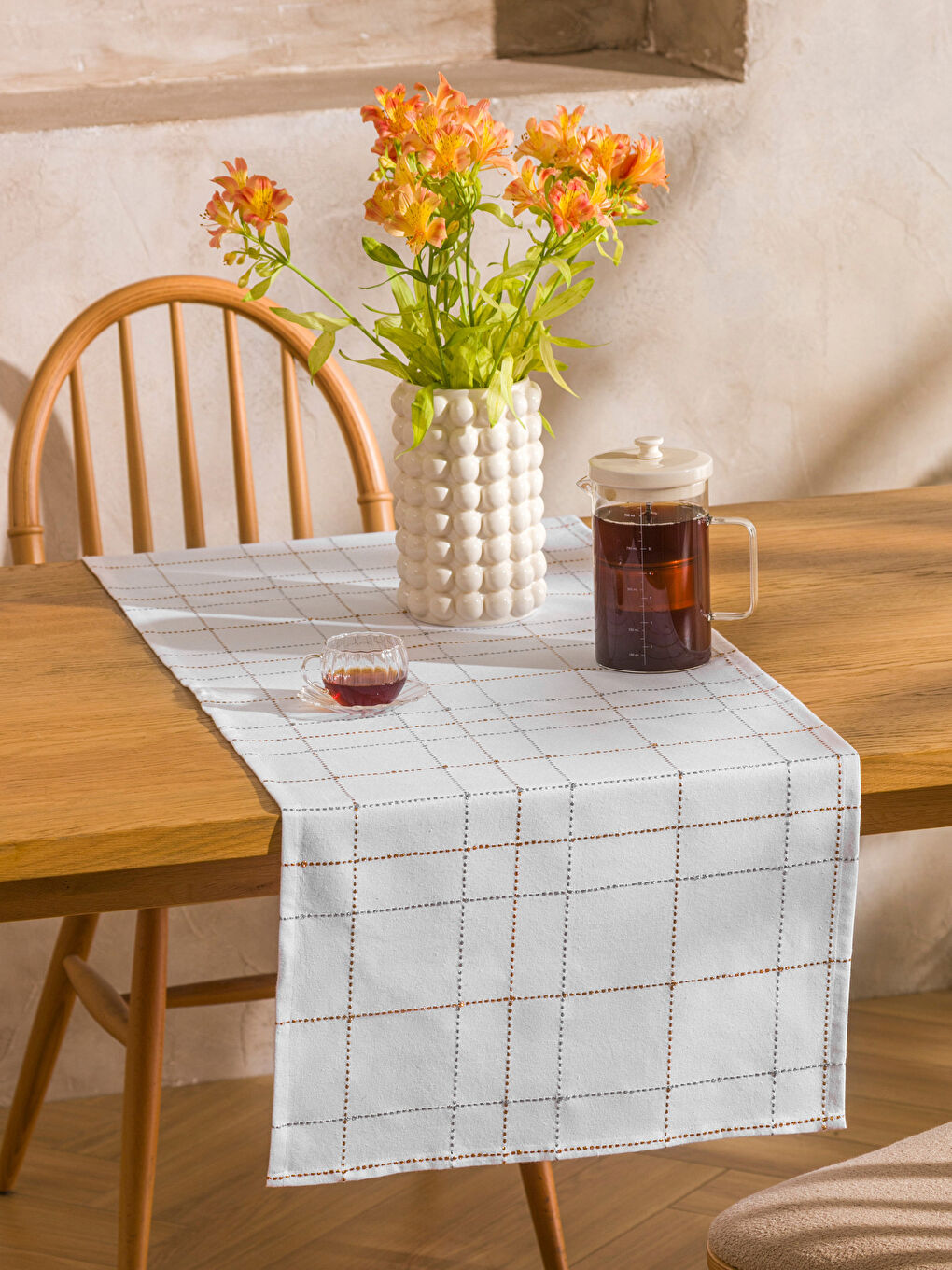 Ekru Ekose Desenli Runner 45x150 cm