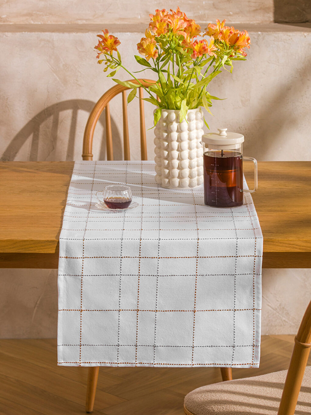 Ekru Ekose Desenli Runner 45x150 cm-1