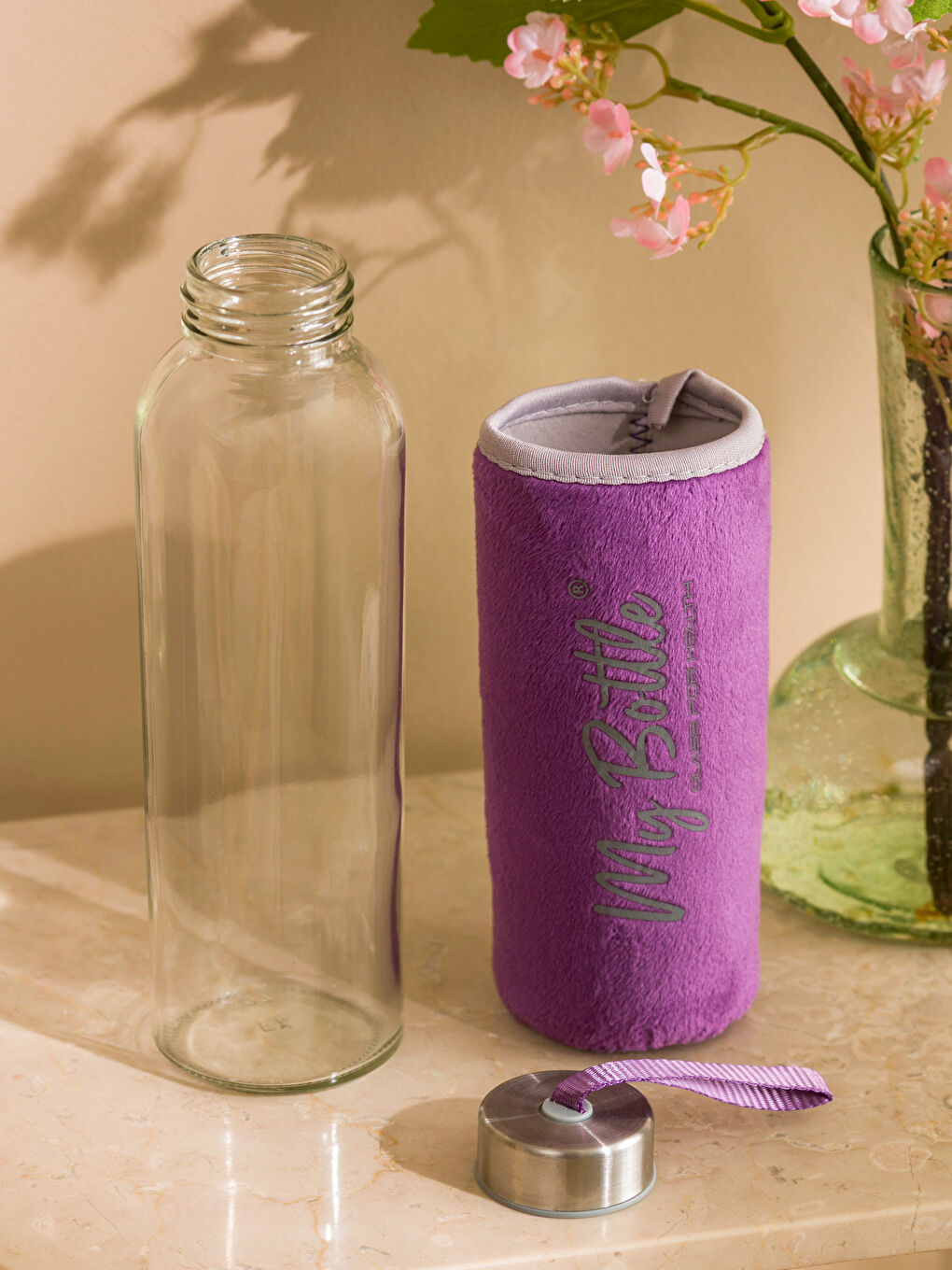 Pelüş Kılıflı Cam Matara 630 ml-2