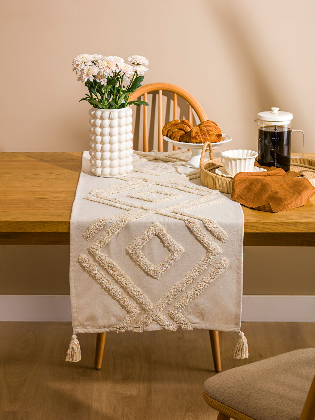 Bej Püsküllü Runner 45x150 cm-1